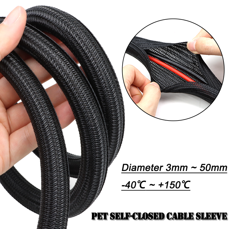 Cable Sleeve Braided - 2/10 m schwarze, selbstschließende, geflochtene PET-Kabelhülse,