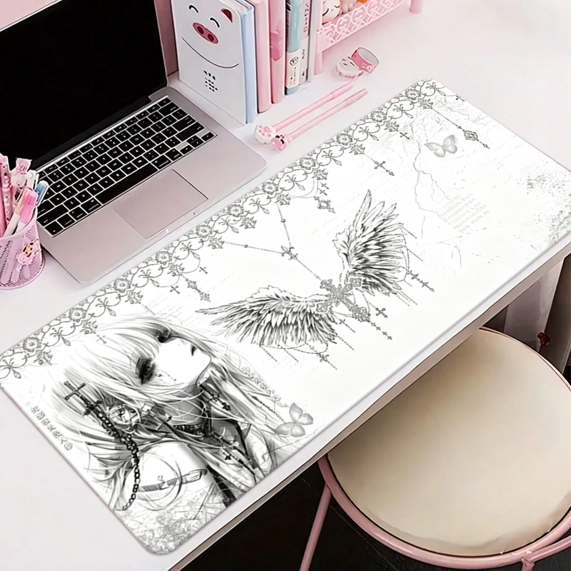 Gaming Accessories White - Leder-Mauspad Schwarz Weiß Anime Ästhetik Engel-Mädchen
